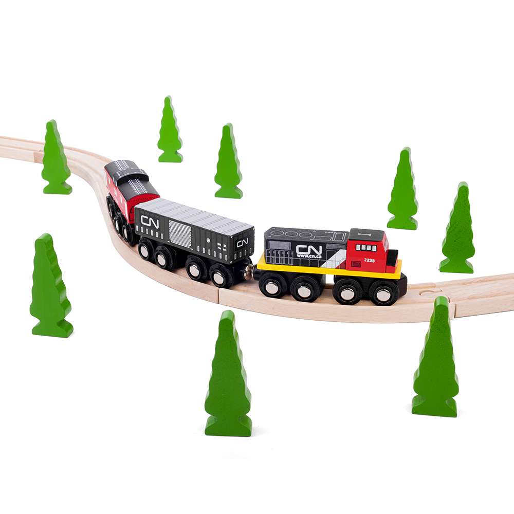 Bigjigs Rail Canadian National CN Wooden Train Engine with Caboose and Goods Wagon