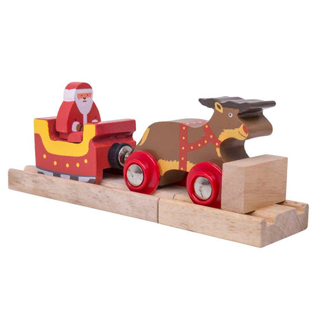 Bigjigs Rail Wooden Santa Sleigh with Reindeer Christmas Train Set Accessory with Track Piece 3 Play Pieces