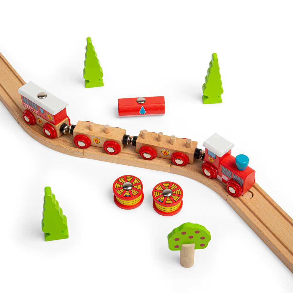 Bigjigs Rail Fire and Rescue Wooden Train Toy with 3 Carriages and Removable Loads