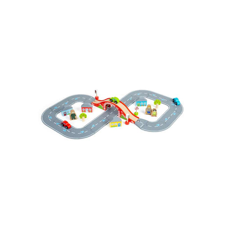 Bigjigs Rail Figure of Eight Wooden Roadway Set with Red Bridge and 36 Play Pieces