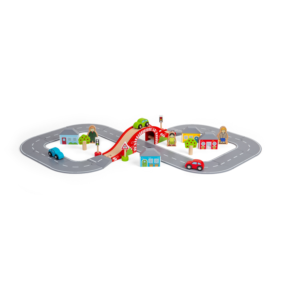 Bigjigs Rail Figure of Eight Wooden Roadway Set with Red Bridge and 36 Play Pieces