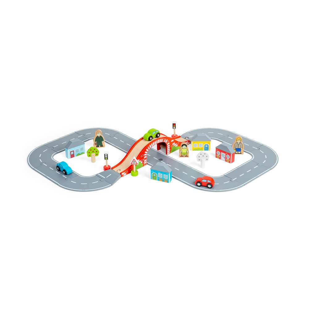 Bigjigs Rail Figure of Eight Wooden Roadway Set with Red Bridge and 36 Play Pieces