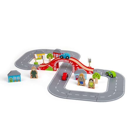 Bigjigs Rail Figure of Eight Wooden Roadway Set with Red Bridge and 36 Play Pieces