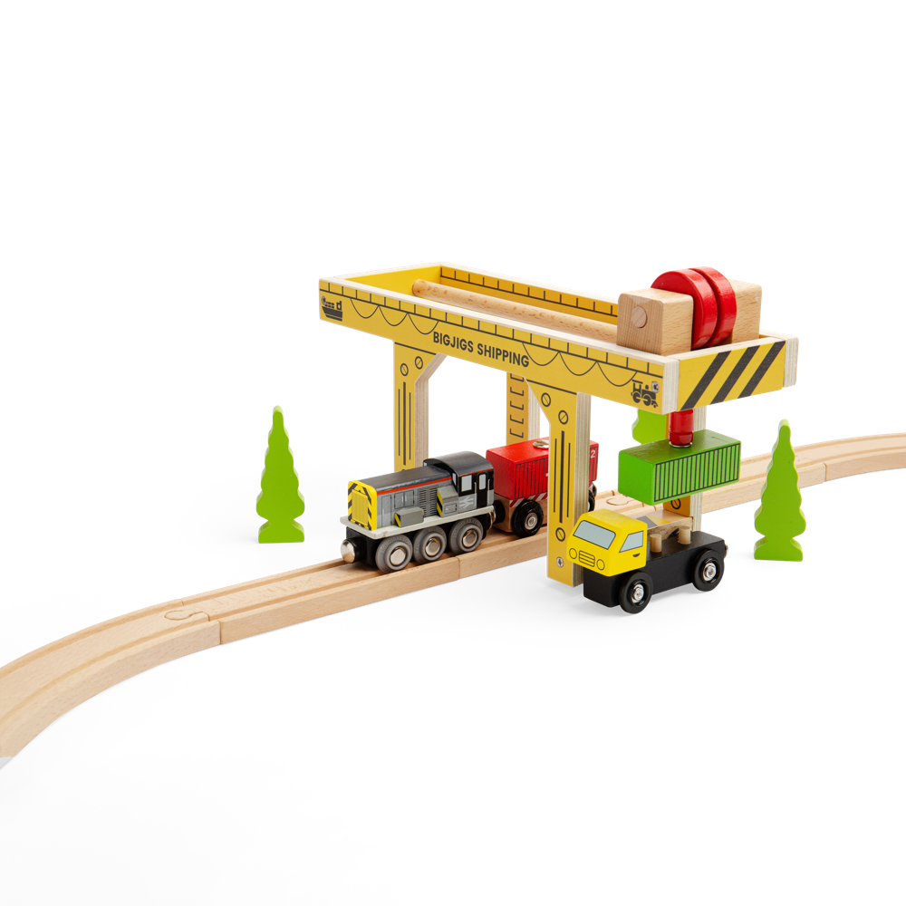 Bigjigs Rail Gantry Crane Wooden Train Set Accessory with Container Lorry