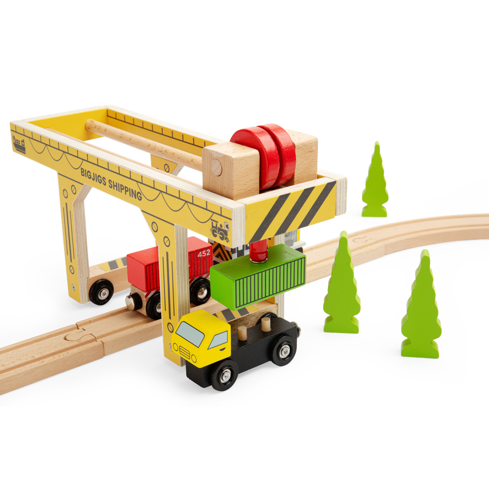 Bigjigs Rail Gantry Crane Wooden Train Set Accessory with Container Lorry
