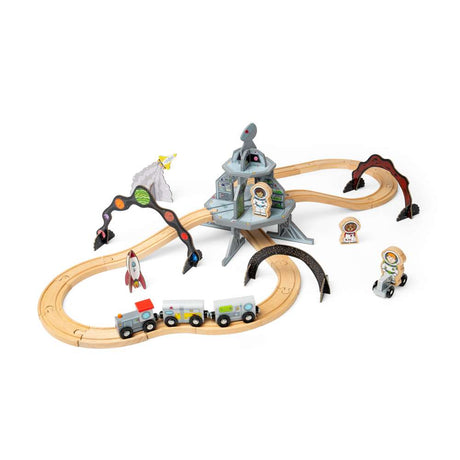 Bigjigs Rail Wooden Space Train Set Kids Toy Railway with Space Station and 40 Play Pieces