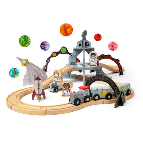 Bigjigs Rail Wooden Space Train Set Kids Toy Railway with Space Station and 40 Play Pieces