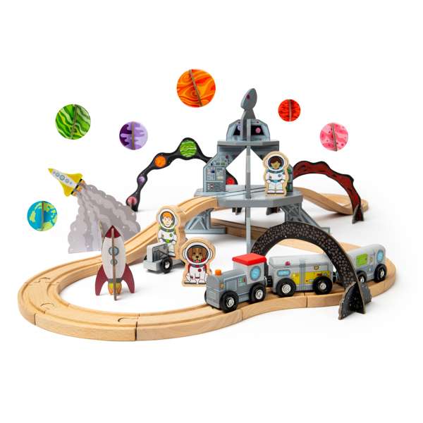 Bigjigs Rail Wooden Space Train Set Kids Toy Railway with Space Station and 40 Play Pieces
