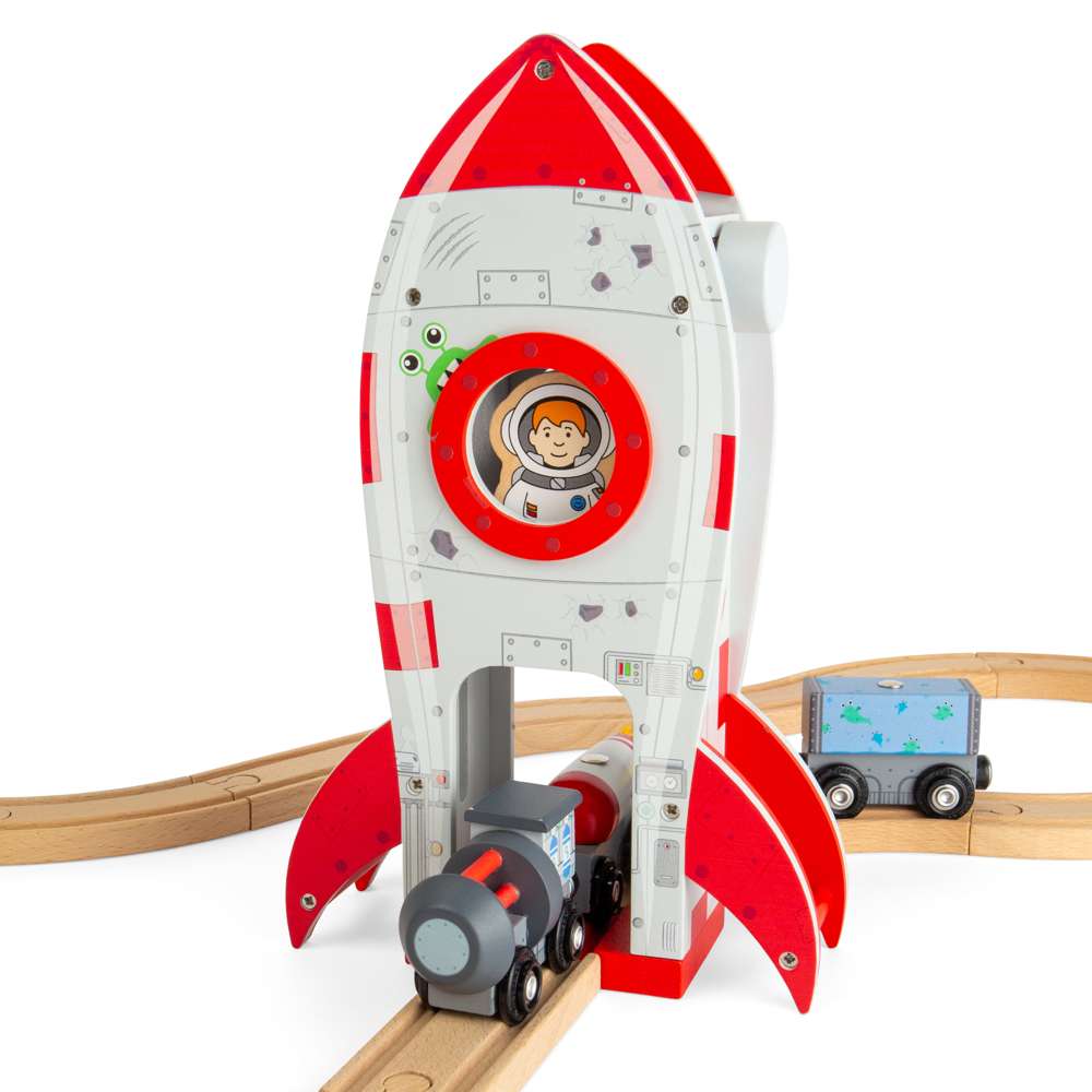 Bigjigs Rail Wooden Rocket Ship Toy for Train Sets with Astronaut and Working Lift