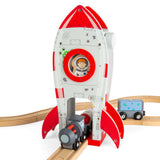 Bigjigs Rail Wooden Rocket Ship Toy for Train Sets with Astronaut and Working Lift