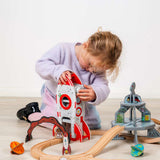 Bigjigs Rail Wooden Rocket Ship Toy for Train Sets with Astronaut and Working Lift