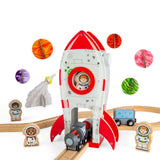 Bigjigs Rail Wooden Rocket Ship Toy for Train Sets with Astronaut and Working Lift