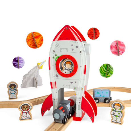 Bigjigs Rail Wooden Rocket Ship Toy for Train Sets with Astronaut and Working Lift