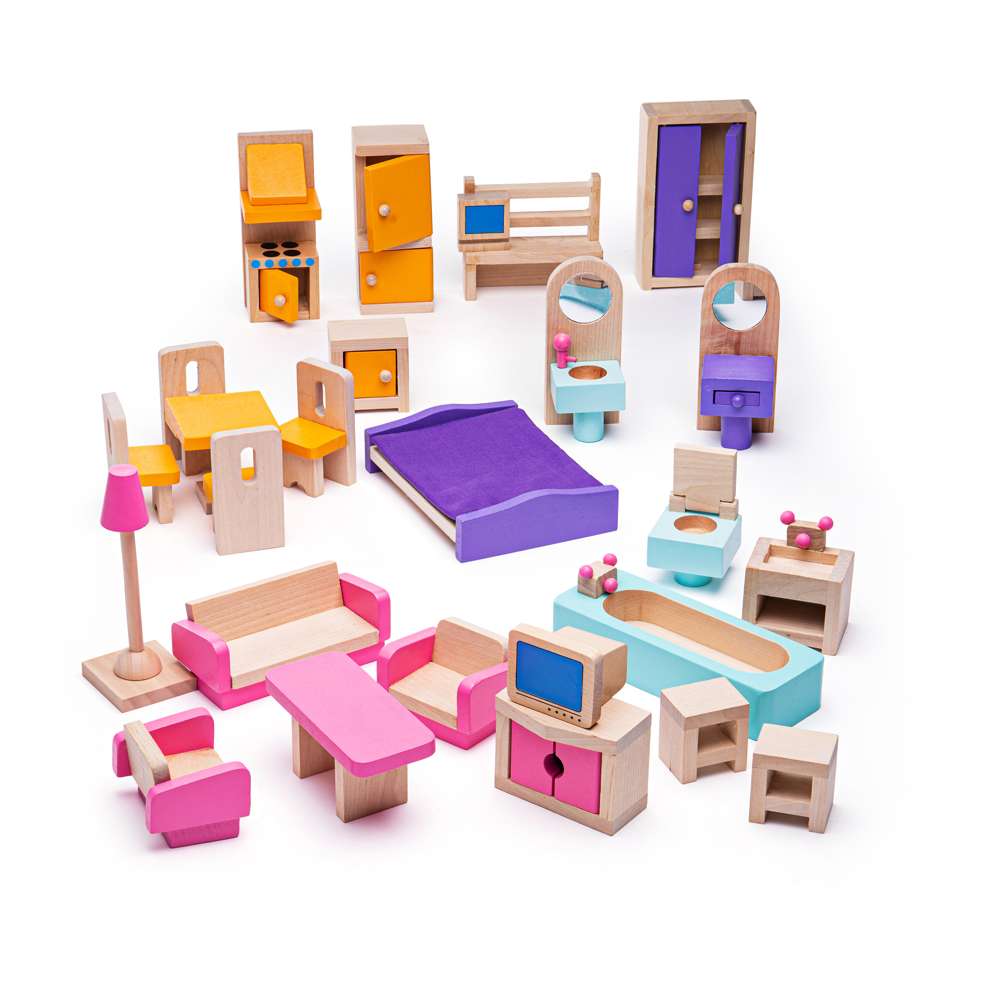 Bigjigs Toys Heritage Wooden Dolls House Furniture Set with 27 Play Pieces