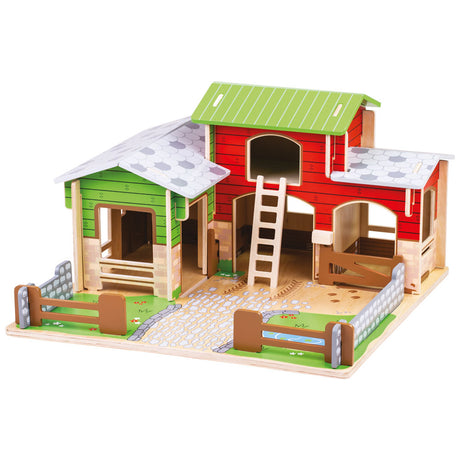 Bigjigs Toys Cobblestone Farm Wooden Toy Farm Playset with Stable and Hayloft