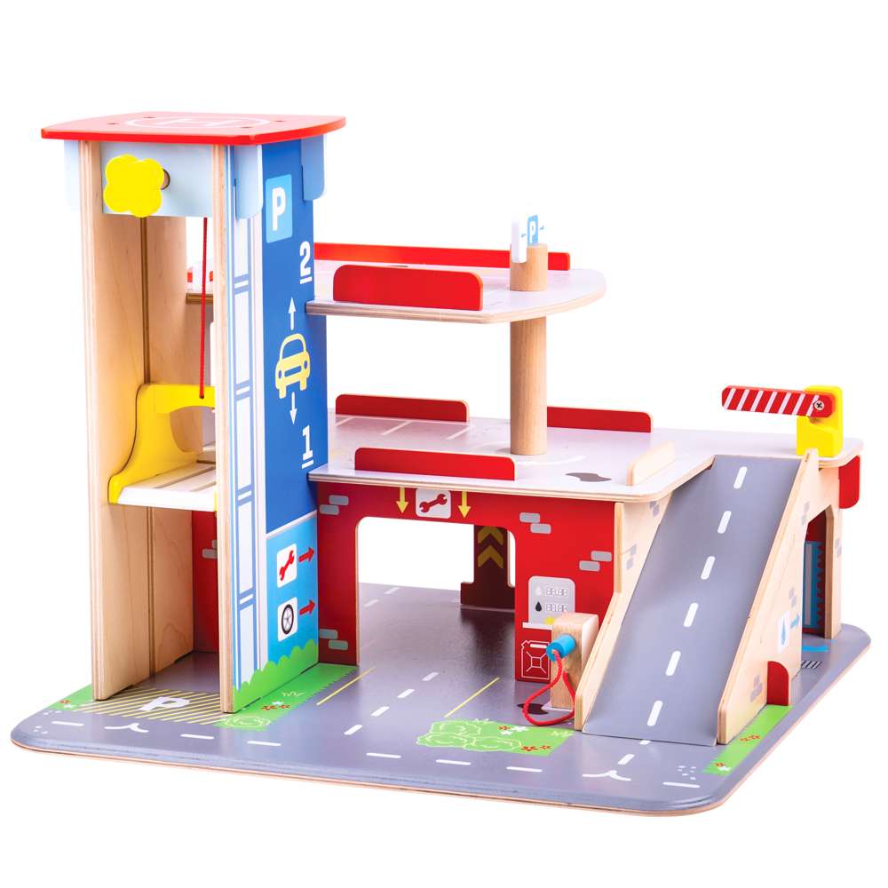 Bigjigs Toys Park and Play Wooden Toy Garage with Service Centre and Car Wash