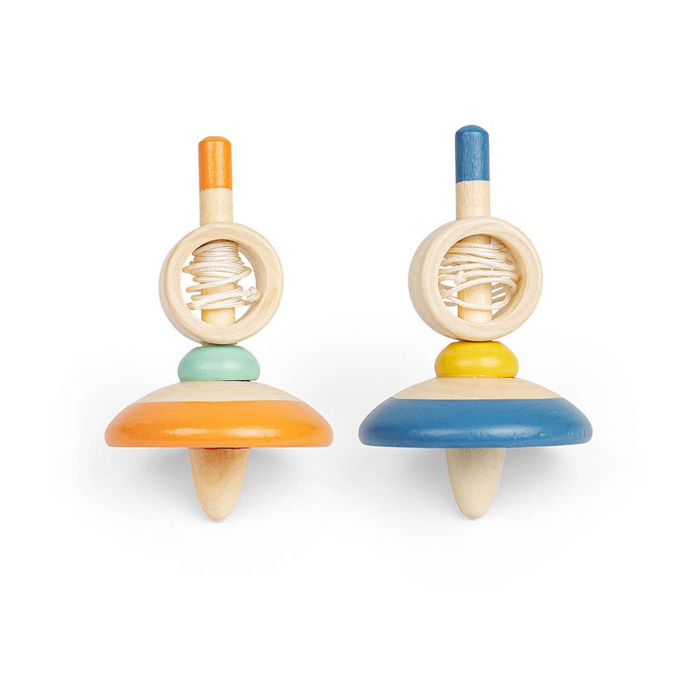 Bigjigs Toys Wooden Pull String Spinning Tops Pack of 2 Blue and Orange Traditional Toy