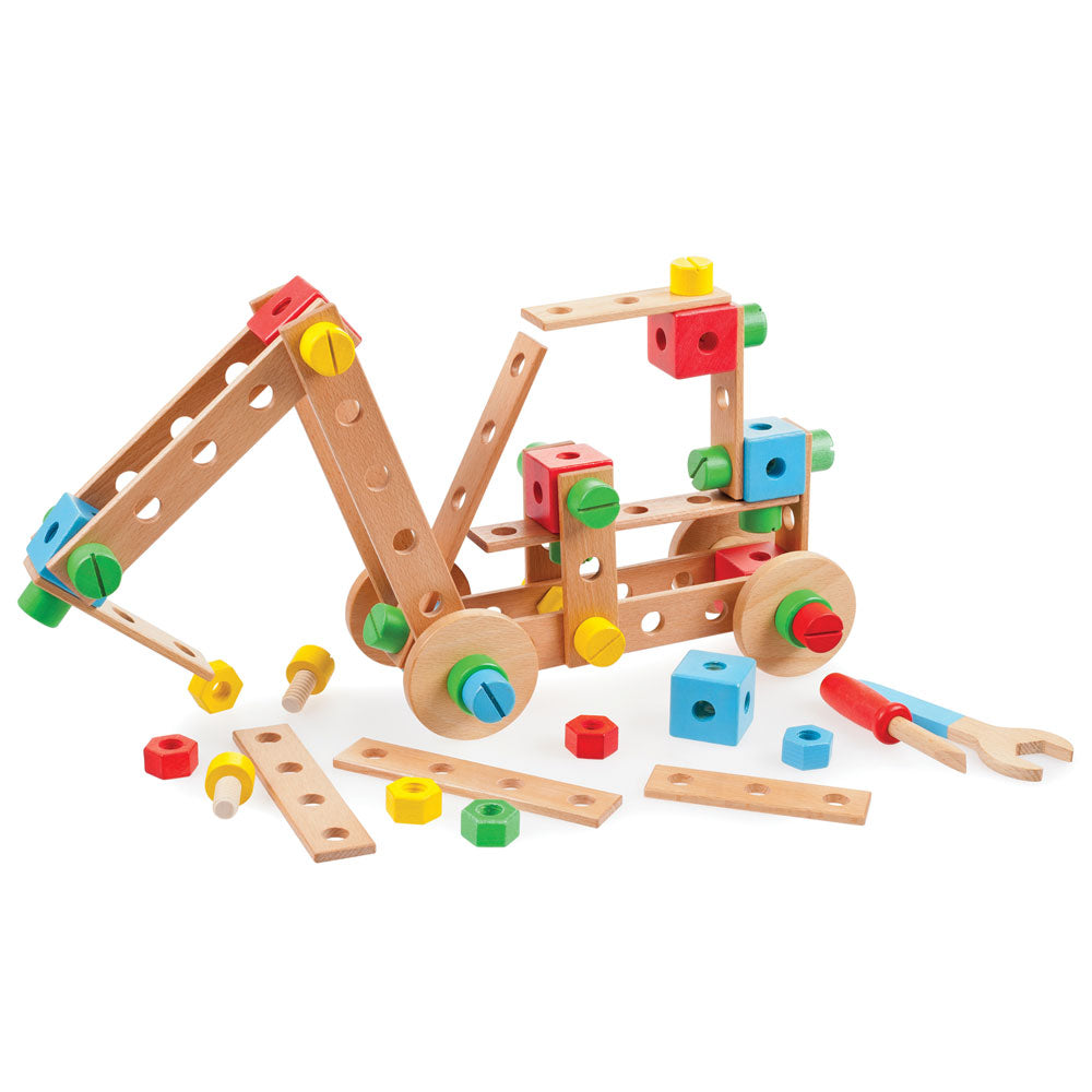 Tidlo Wooden Construction Set Kids Building Toy with Tools and 91 Pieces