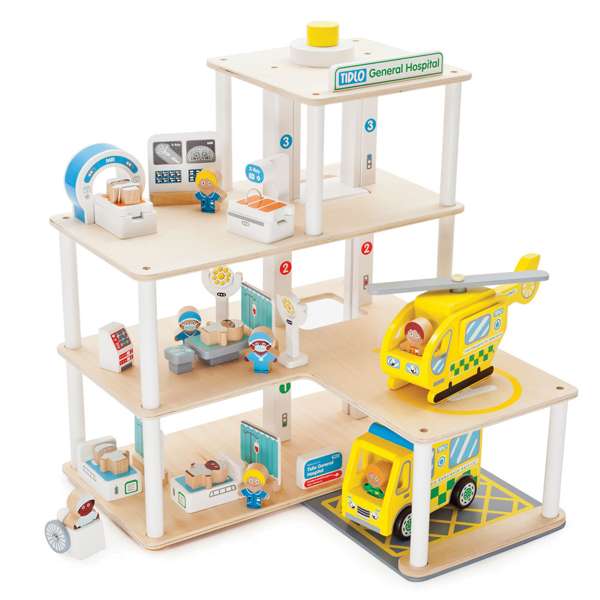 Tidlo Wooden General Toy Hospital Set with 30 Play Pieces and Vehicles