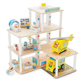 Tidlo Wooden General Toy Hospital Set with 30 Play Pieces and Vehicles