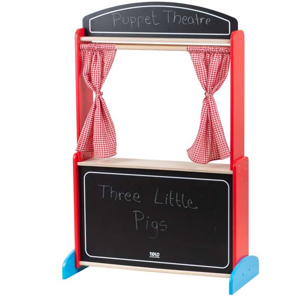 Tidlo Wooden Puppet Theatre Kids Pretend Play Toy with Chalkboard and Red Gingham Curtains