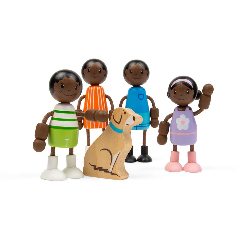 Tidlo Wooden Black Family Dolls Set 4 Figures and Pet Dog
