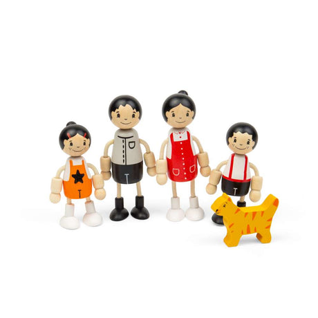 Tidlo Wooden East Asian Family Dolls and Pet Cat Playset 5 Pieces