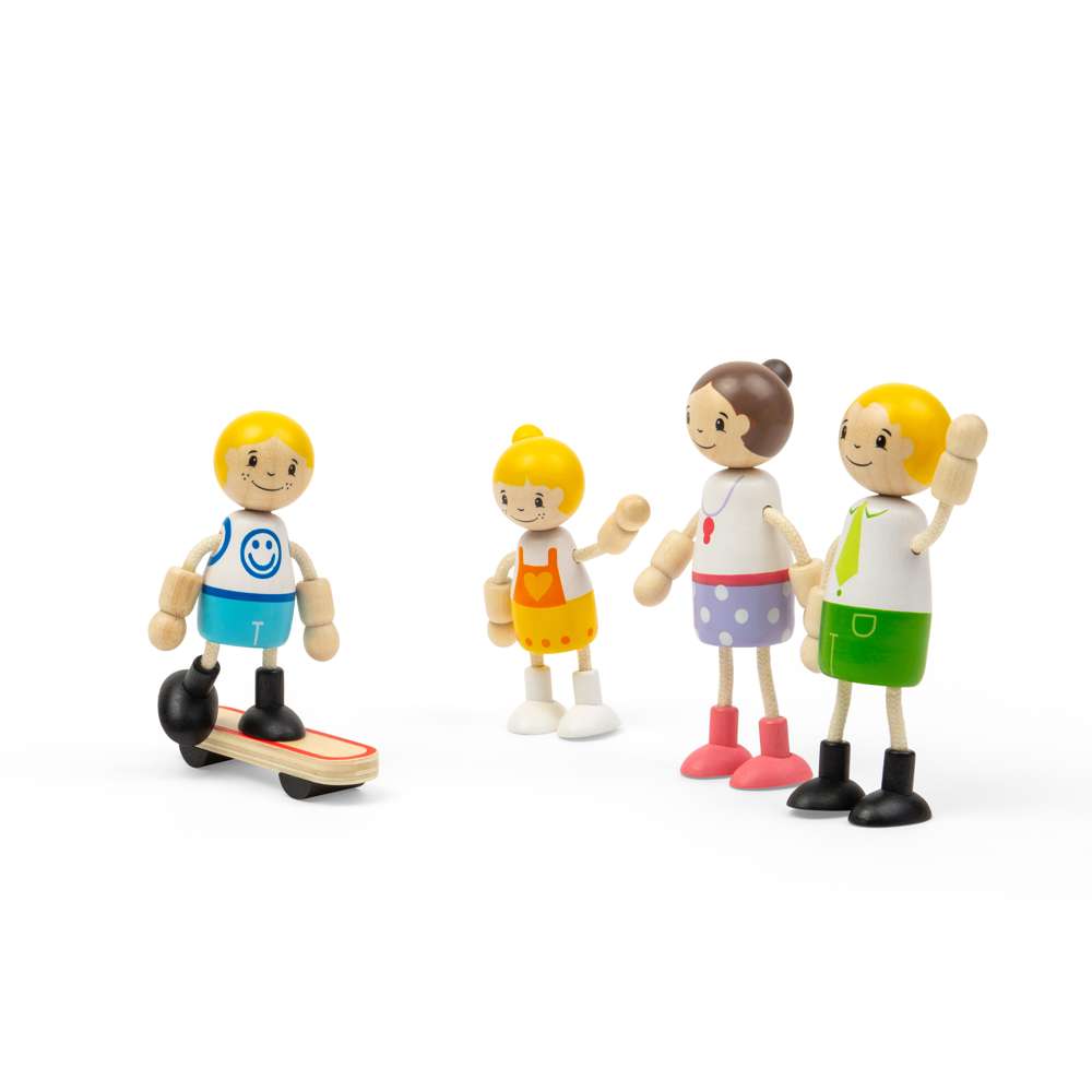 Tidlo Wooden White Family Dolls House People Playset with Skateboard 5 Pieces