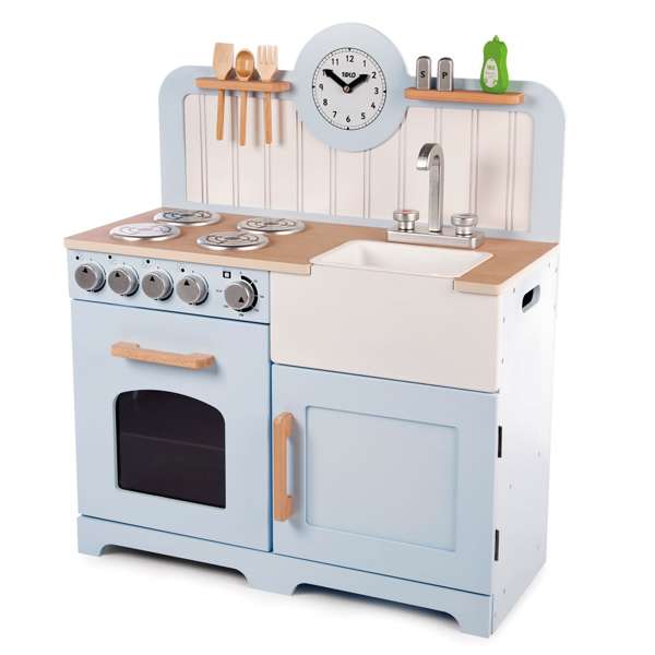 Tidlo Country Play Kitchen Blue and White Wooden Toy Kitchen with Accessories