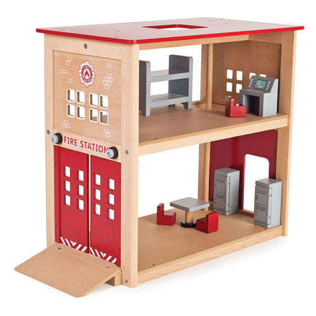 Tidlo Wooden Fire Station Toy Playset with Accessories