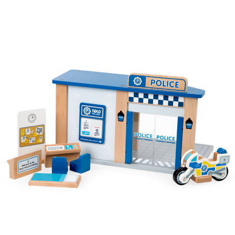 Tidlo Wooden Police Station Toy Playset with 8 Accessories and Jail Cell