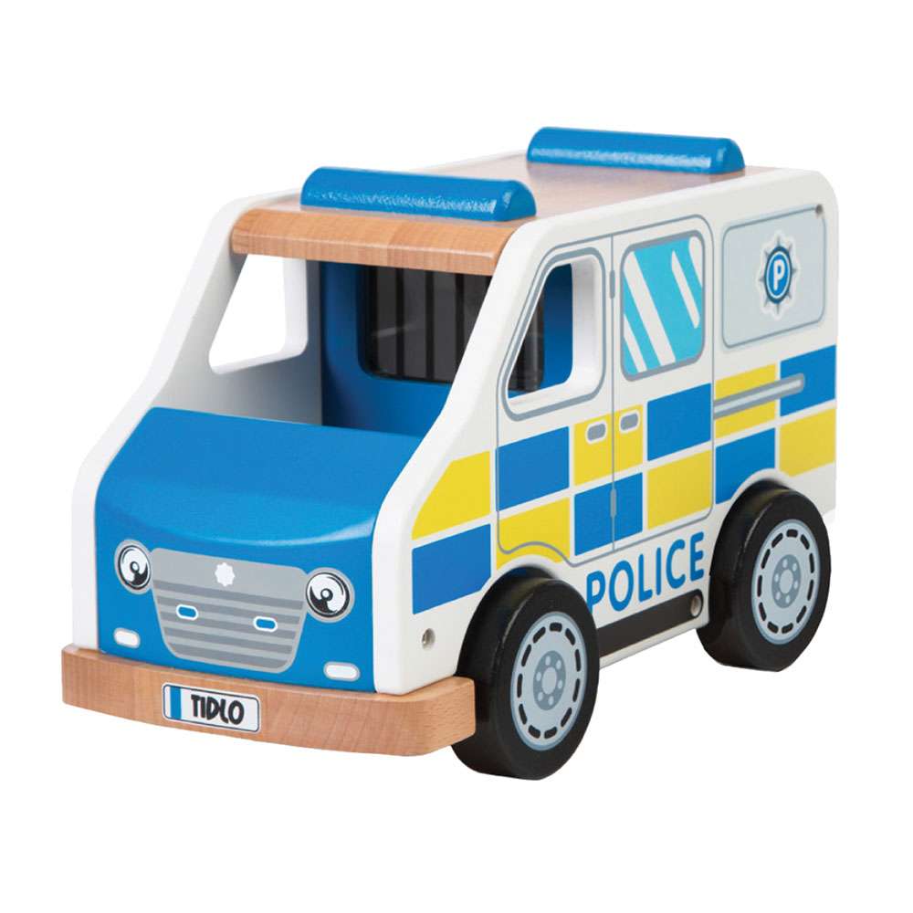 Tidlo Wooden Police Van Toy Vehicle with Removable Roof and Back Doors