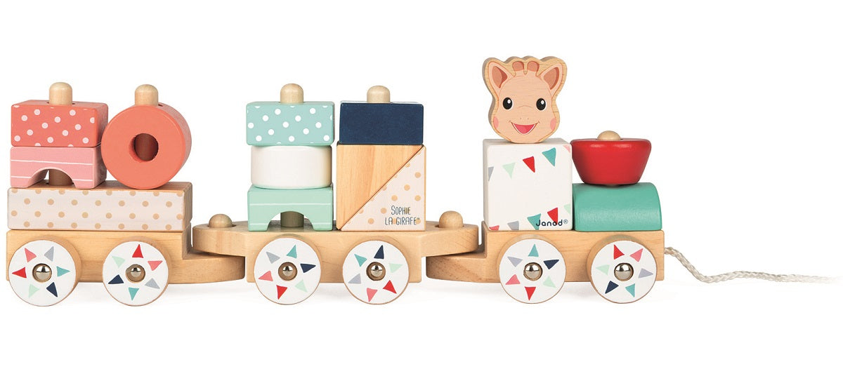 Janod J09500 Sophie La Girafe Puzzlewürfel – 4 Holzwürfel Mit 6 Motiven Zum Stecken Für Babys